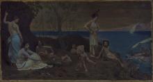 A view of Puvis de Chavannes's 'Doux pays (Pleasant land)' depicting a group of women and children lounging on a sand dune overlooking ships on the ocean, photographed under UV light.