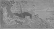 A view of Puvis de Chavannes's 'Doux pays (Pleasant land)' depicting a group of women and children lounging on a sand dune overlooking ships on the ocean, photographed under IR light.