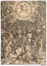 Albrecht DÜRER's 'The Adoration of The Lamb' print before treatment with discolouration, and tears in the top right and bottom left corners.