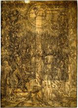 A view of Albrecht DÜRER's 'The Adoration of The Lamb' print seen through transmitted light.