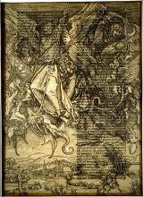 A view of Albrecht DÜRER's 'St Michael Fighting the Dragon' print under Transmitted Light.
