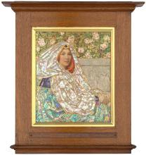 A framed painted portrait of an auburn-haired young woman, shrouded in garments made from mother of pearl and semi-precious stones.
