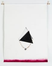 An abstract artwork that features a black triangle at the centre of a white calico canvas, with a red line along the bottom.