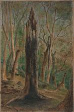 A long, portrait-oriented oil painting of a tree stump, painted in dark green and brown tones.