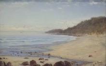 An oil painting of a beach shore.