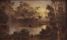 An oil painting of the Brisbane River at night, with moonlight illuminating a dark brown scene.
