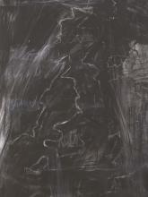 A detail view of one of the charcoal and pastel drawing on paper Peter Kennedy's 'Blackboards with pendulums'.