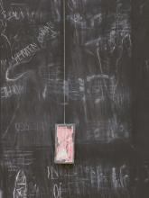 A detail view of one of the charcoal and pastel drawing on paper and blackboard duster from Peter Kennedy's 'Blackboards with pendulums'.