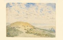 A watercolour painting of a sand dune on cream-coloured paper.