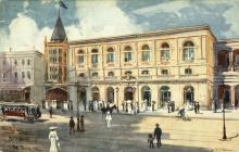 A painting of Brisbane's Town Hall in 1895 reproduced on a postcard.