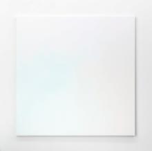 An installation view of an acrylic work that appears white at first (on a white wall), but from different angles would glow with subtle pastel colour-shifts.