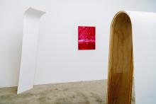 An installation view of abstract sculptures made of plywood, which appear to lean and bend on the floor and against walls, in a gallery space; a red-coloured work of art can be seen on the wall in the background.