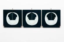 A triptych depicting three identical, white architectural shapes painted on a black background.