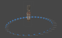 An in-progress digital rendering of a 3D sculpture, with a blue ring of markings around its base denoting where the dataset used to form the image.