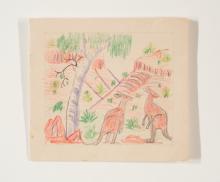 A hand-drawn card depicting kangaroos resting under a tree.