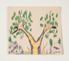 A hand-drawn card depicting a yellow tree with green leaves.