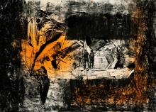 A drypoint print made with black and orange tones