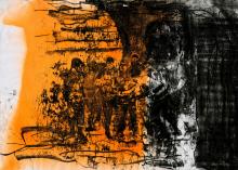 A drypoint print made with black and orange tones