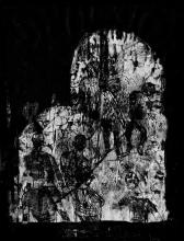 A drypoint print depicting a veiled scene of war framed in an archway; the work is rendered in black and white