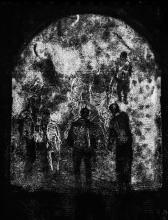 A drypoint print depicting a veiled scene of war framed in an archway; the work is rendered in black and white