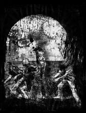 A drypoint print depicting a veiled scene of war framed in an archway; the work is rendered in black and white