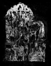 A drypoint print depicting a veiled scene of war framed in an archway; the work is rendered in black and white