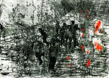 A drypoint print made with black tones and orange highlights