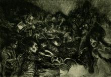 A dark-toned drypoint print depicting a scene of war