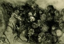 A dark-toned drypoint print depicting a scene of war