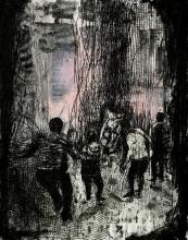 A drypoint print made with black and pink tones