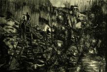 A dark-toned drypoint print depicting a scene of war
