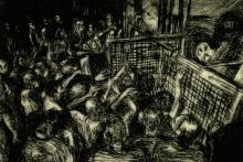 A dark-toned drypoint print depicting a scene of war