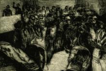 A dark-toned drypoint print depicting a scene of war