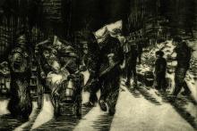 A dark-toned drypoint print depicting a scene of war
