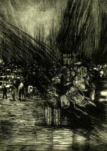 A dark-toned drypoint print depicting a scene of war