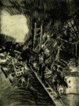 A dark-toned drypoint print depicting a scene of war
