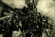 A dark-toned drypoint print depicting a scene of war
