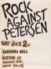 The second  fibre-tipped pen, pencil and newsprint on paper and acetate work in Lachlan Hurse's '(Artwork for 'Rock against Petersen')' depicting the text 'Rock Against Petersen, Sat July 2nd, Baroona Hall, Caxton St, licensed, food, 7:30pm $4 and $3'.