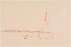 The second pen and ink on Chinese paper drawing from Cai Guo-Qiang's 'Working drawings for 'Dragon or Rainbow Serpent: A myth glorified or feared'' series depicting fluid red lines amongst sketches of bridges.