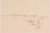 The sixth pen and ink on Chinese paper drawing from Cai Guo-Qiang's 'Working drawings for 'Dragon or Rainbow Serpent: A myth glorified or feared'' series depicting fluid red lines amongst sketches of bridges.