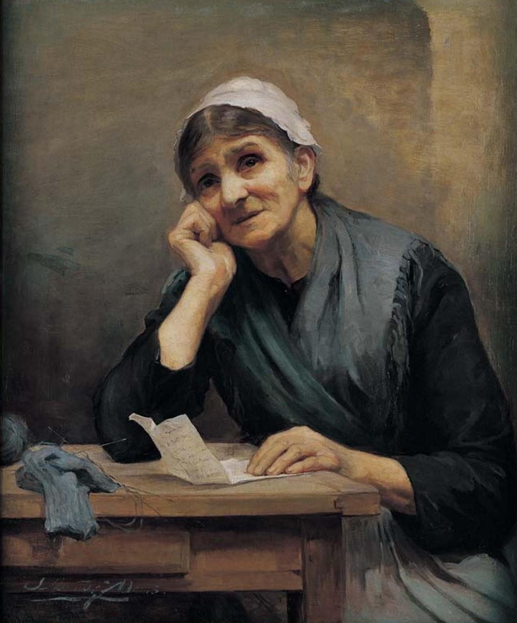 A portrait of an elderly woman sitting at a table with her head leaning against one hand, that is propped up on the table. The other hand rests on a letter that sits on the table, next to some knitting needles and yarn.