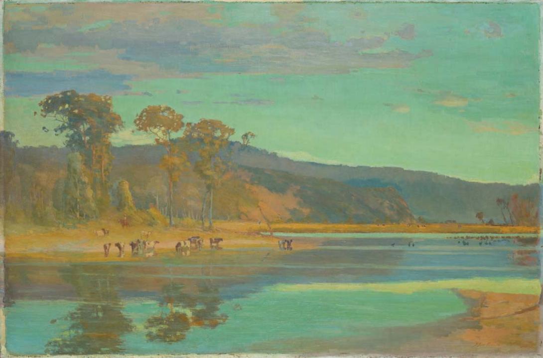 An oil painting of Paterson's landscape of Lake Catani in the Buffalo Mountains.