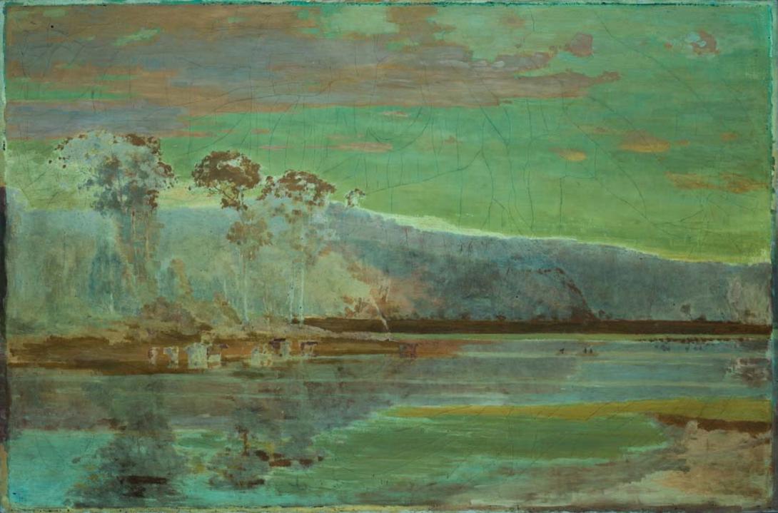 An oil painting of Paterson's landscape of Lake Catani in the Buffalo Mountains, photographed under UV light.