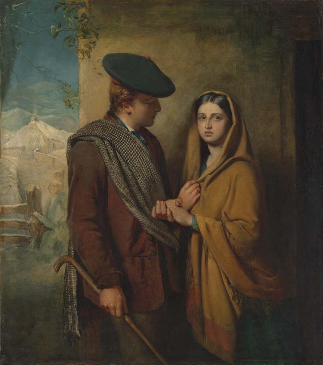 An oil painting of young Scottish lovers holding hands by a doorway, the man looking at the woman who faces towards the viewer while clutching her shawl.