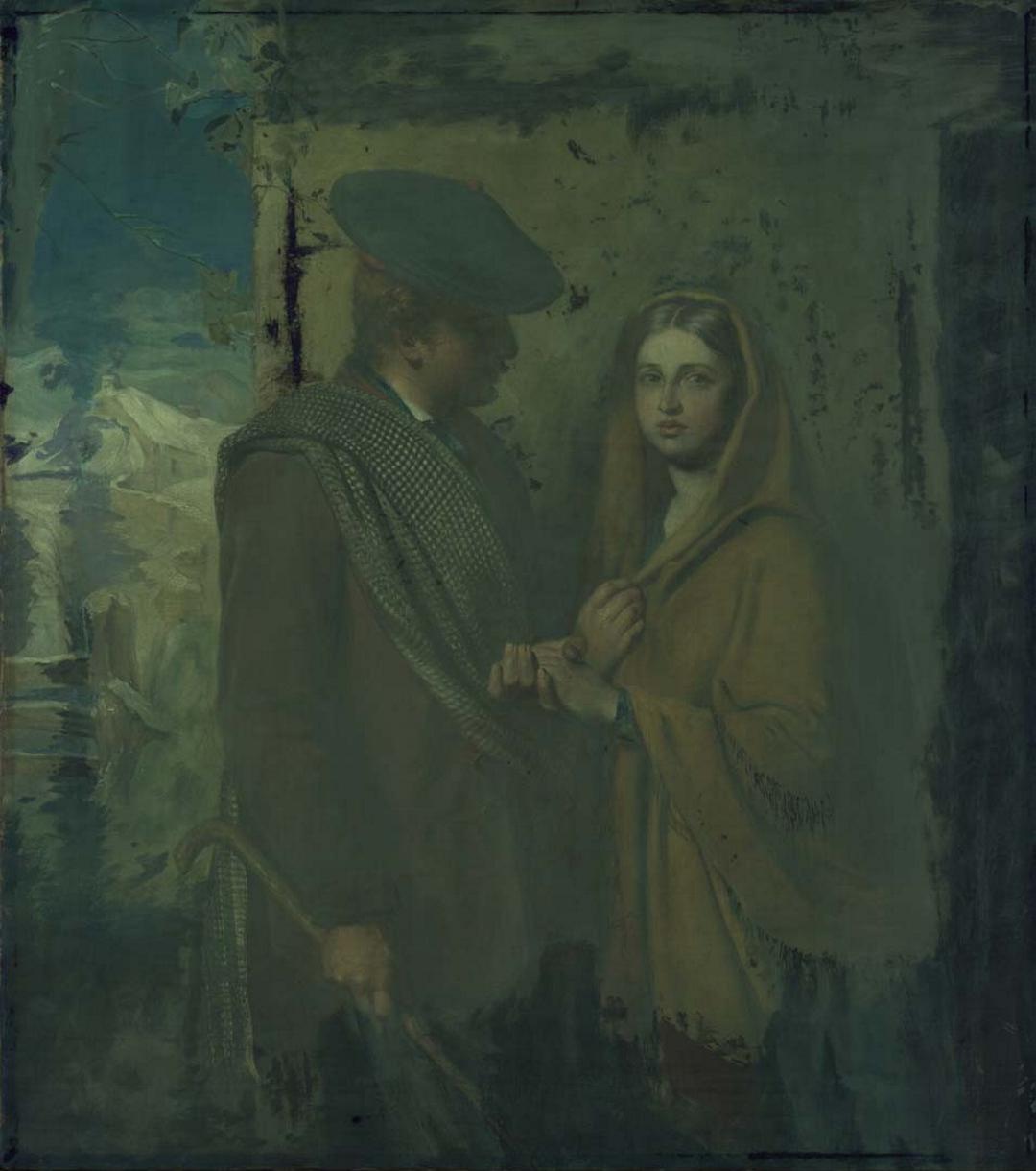 An oil painting of young Scottish lovers holding hands by a doorway, the man looking at the woman who faces towards the viewer while clutching her shawl, photographed under UV light.
