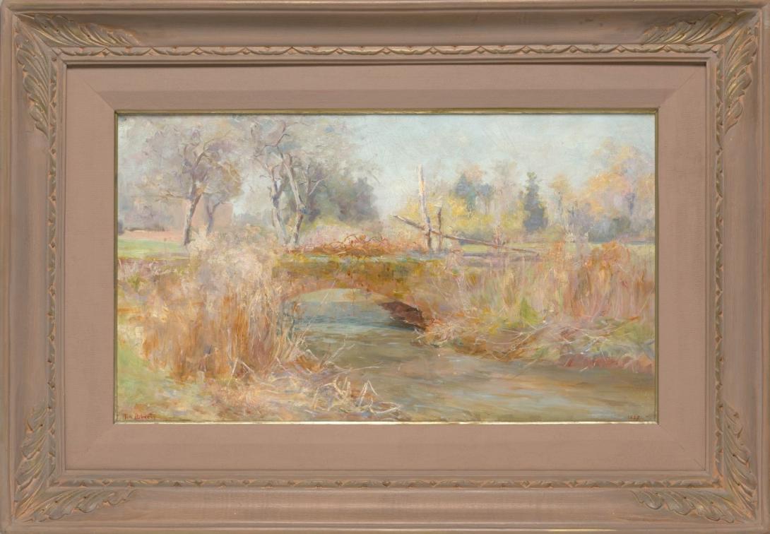 A framed oil painting of a small creek and a bridge, called 'Misty Morn' by Tom Roberts.