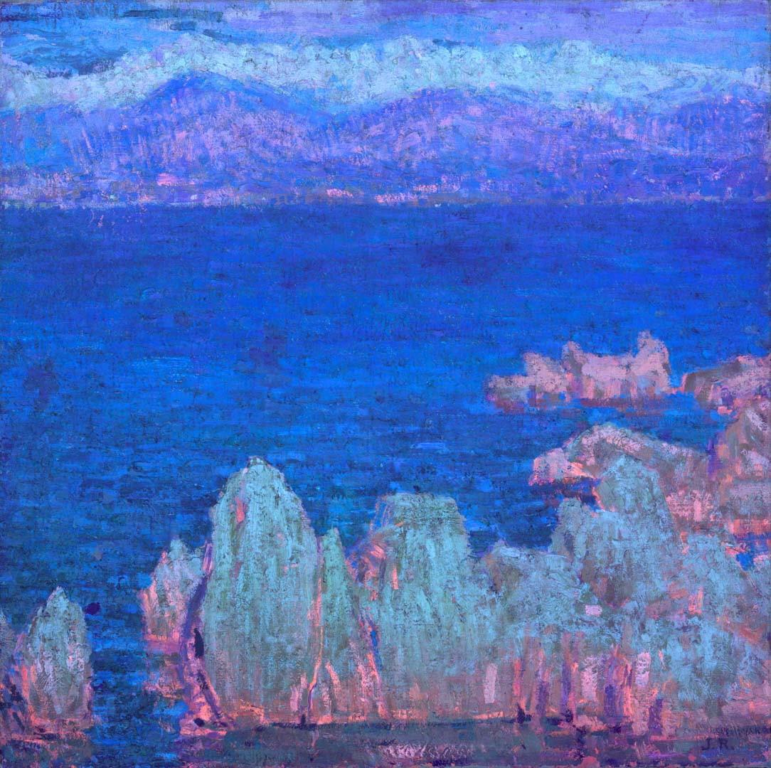 An oil painting by John Russell of a seascape on the west side of Antibes, looking towards Nice, France, photographed in UV light.