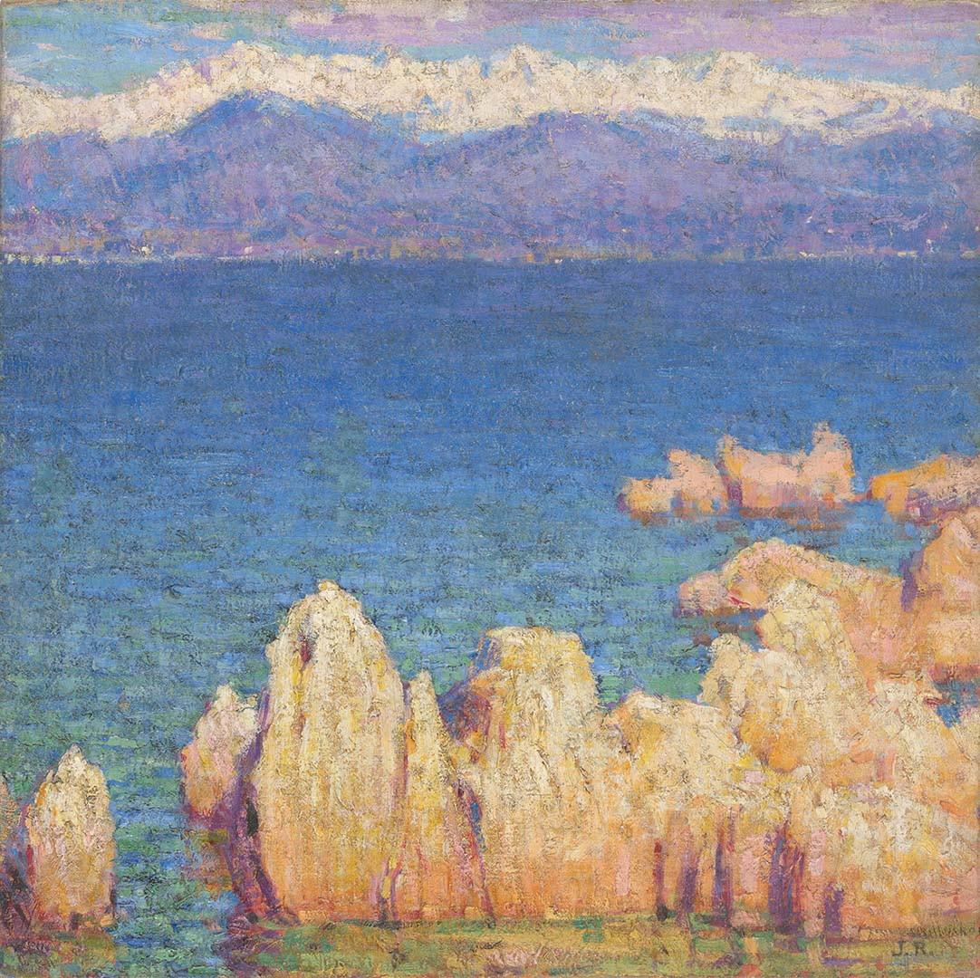 An oil painting by John Russell of a seascape on the west side of Antibes, looking towards Nice, France.