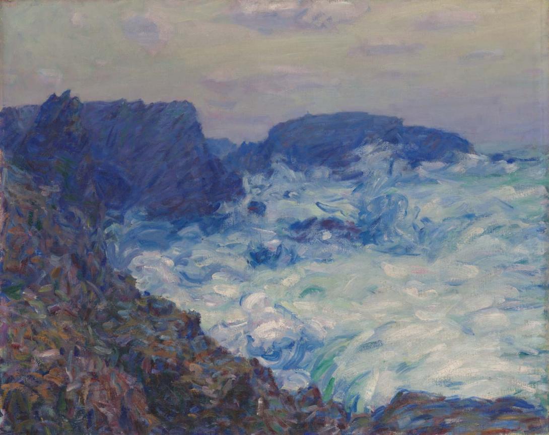 An oil painting by John Russell of a seascape and rocks at Belle Ile.
