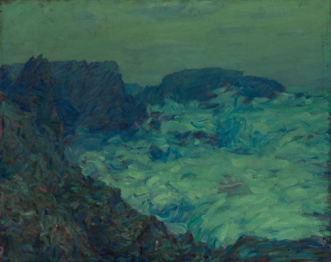 An oil painting by John Russell of a seascape and rocks at Belle Ile, photographed in UV light.